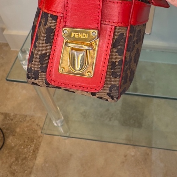 Fendi Leopard Print Canvas & Red Leather Satchel Crossbody Bag - Picture 6 of 9
